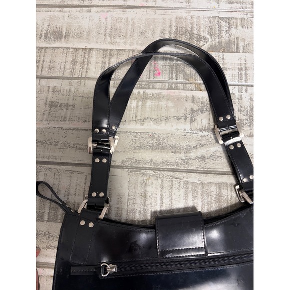 Guess Black Patent Leather Shoulder Bag Large G Logo Buckle Top Zip Closure - Picture 6 of 9